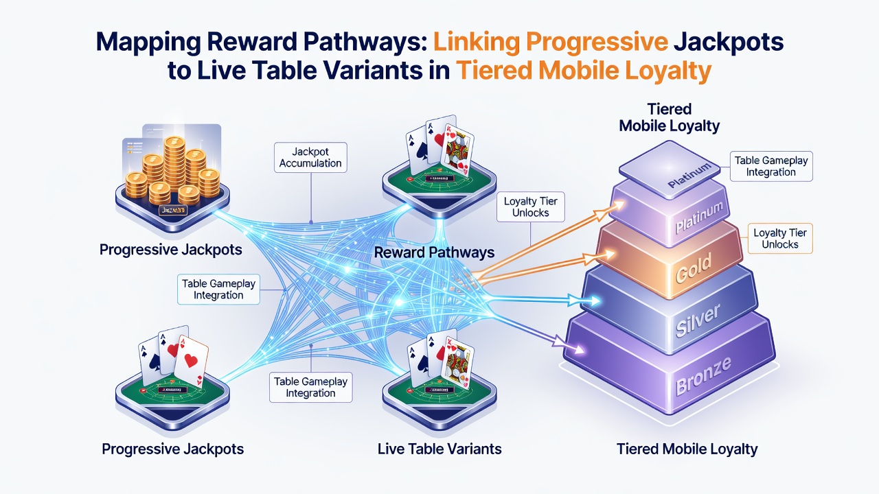 Flowchart illustrating how live table variants feed loyalty points into progressive jackpot reward pathways